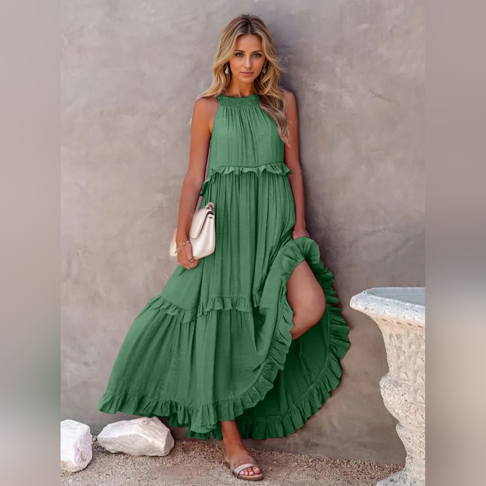 Ruffled Sleeveless Tiered Maxi Dress with Pockets